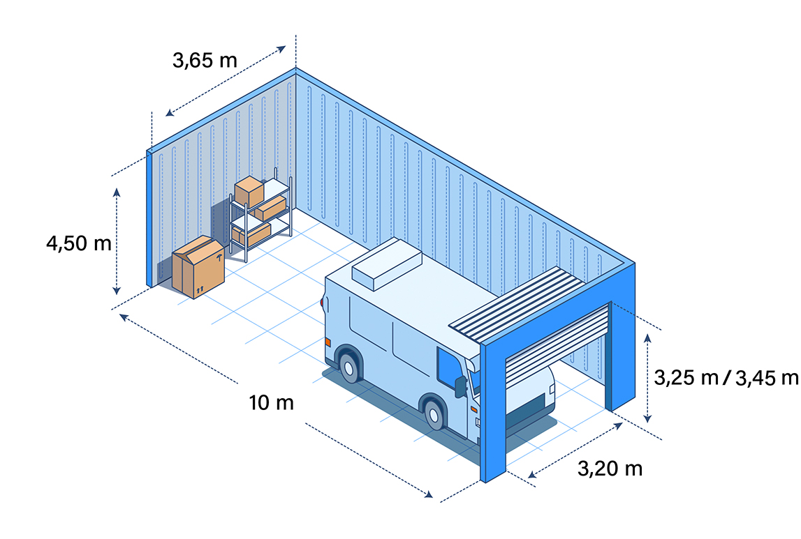 Schita spatiului de depozitare: lungime 10 m, latime 3,65 m, inaltime 4,50 m, usa 3,20 m latime si 3,25 / 3,45 m inaltime
